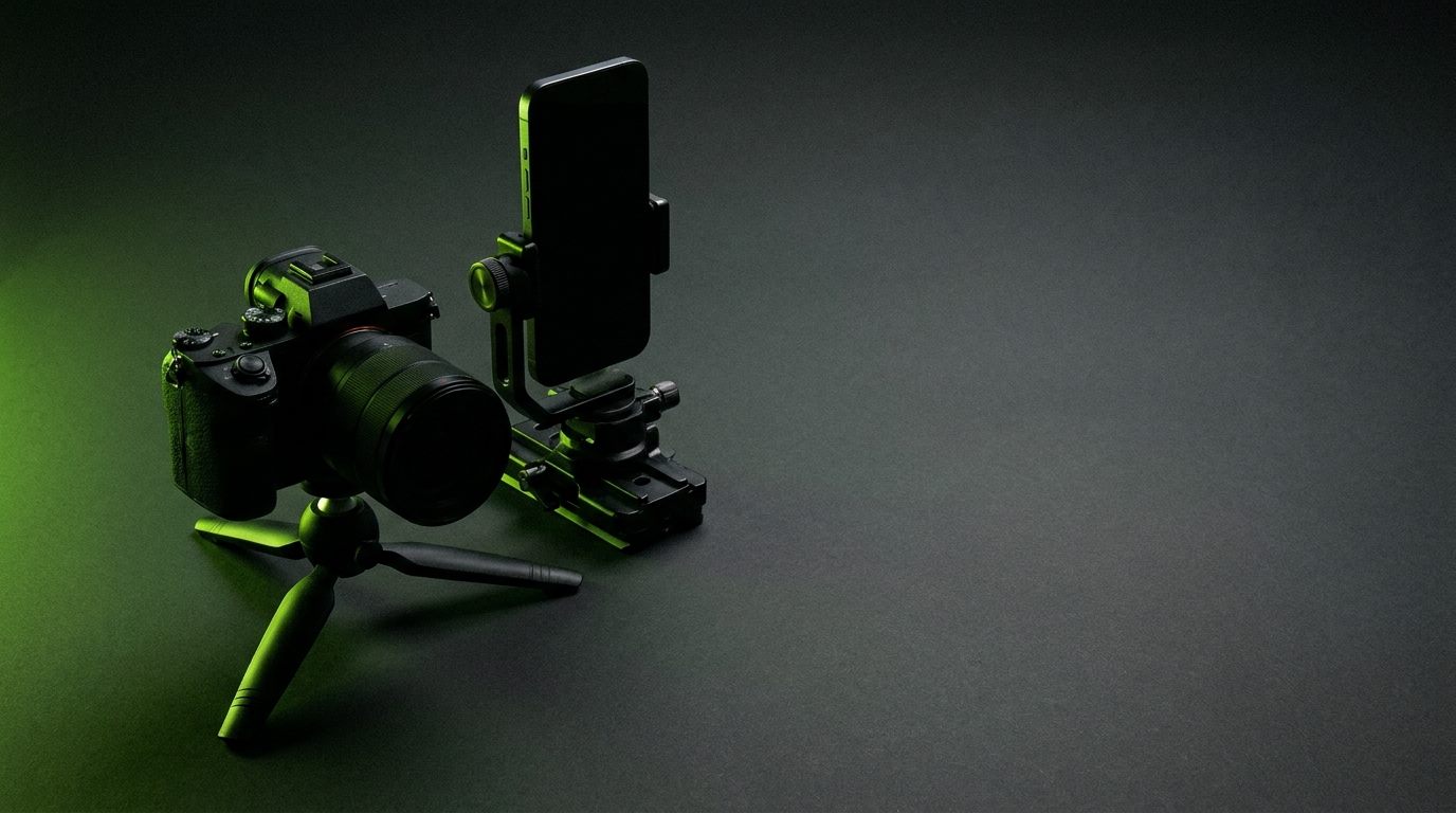 Fotoaparát na stativu a telefon v držáku ve tmavém studiu